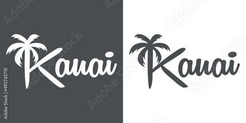 Kauai Beach. Destino de vacaciones. Banner con texto Kauai con letra con forma de silueta de palmera en fondo gris y fondo blanco