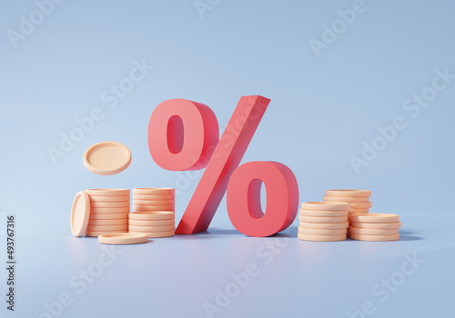 Red percentage and Stack coins, Financial graph economics analytics. growth target planning cost reduction saving investment education concept. tax, discount, 3d render illustration