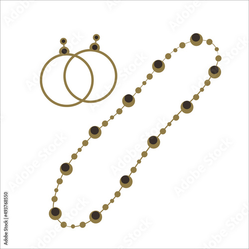 Necklace and earrings, jewelrystylish jewelry, painted round beads and earrings in gold color vector jewelry set for women.
