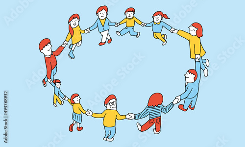 手を繋いで輪になっている大人・子供・シニア・家族・社会・人々のイラストフレーム