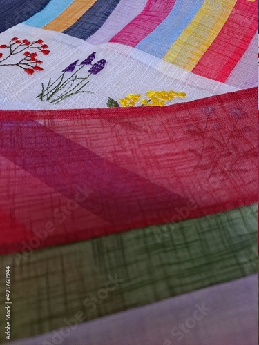 Traditional Korean embroidered patchworks Bojagi with typical colorful stripes