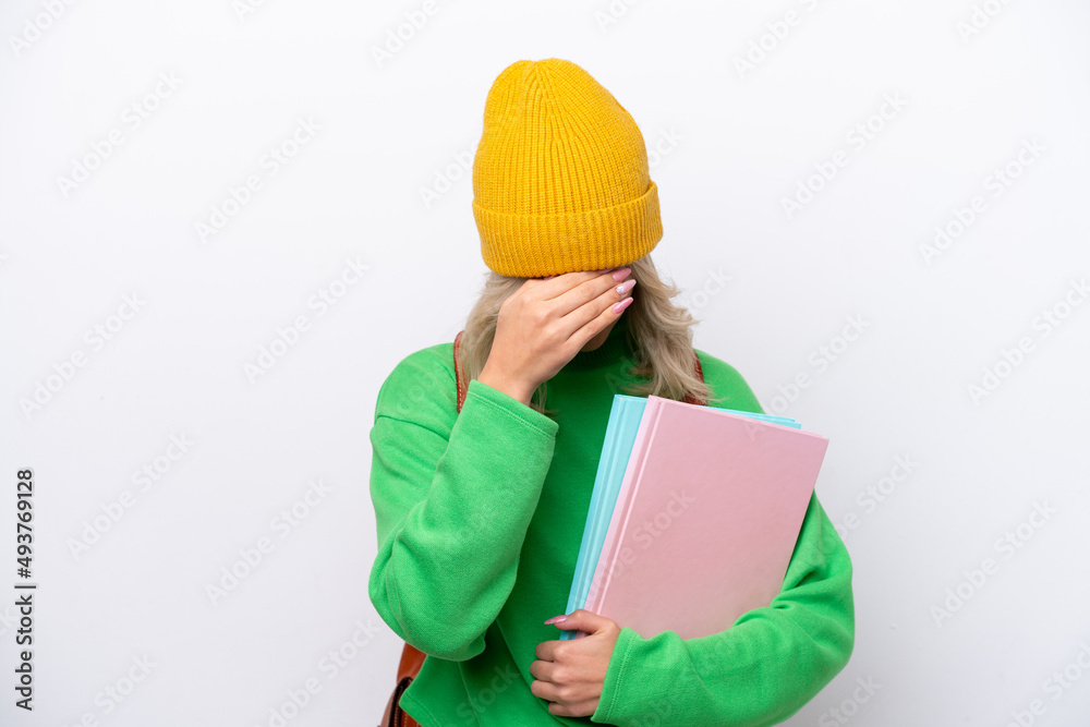 Young Russian student woman isolated on white background with tired and sick expression Young Russian student woman isolated on white background with tired and sick expression