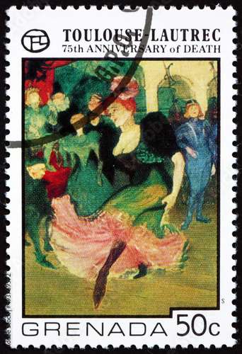 Obraz na płótnie Postage stamp Grenada 1976 Dancing the Bolero, Toulouse-Lautrec w salonie