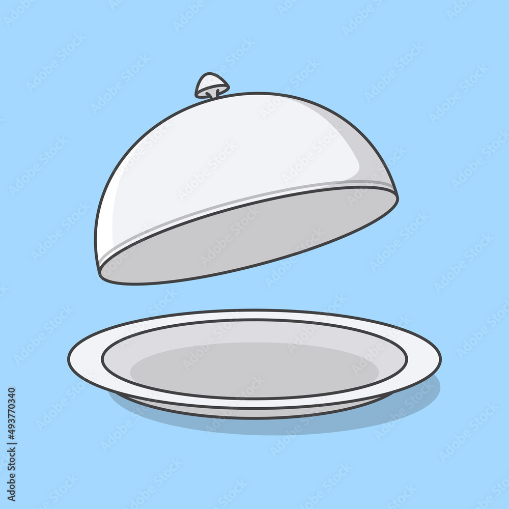 Obraz premium Trays With Cloche Cartoon Vector Illustration. Restaurant Cloche Flat Icon Outline