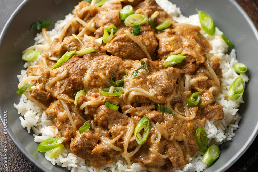 Thai style peanut pork with bean sprouts and rice. Asian food