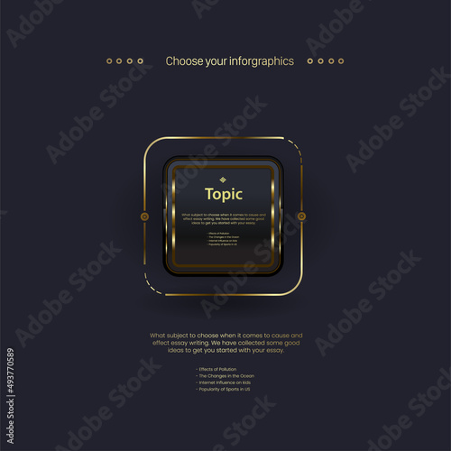Modern dark Luxury Option buttons Infographic. A new style of rectangle process, a golden rectangle objects chart on dark background