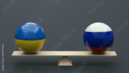 Fotografía Balls in the colors of the national flags of Ukraine and Russia stand in balance on a swing against a neutral background