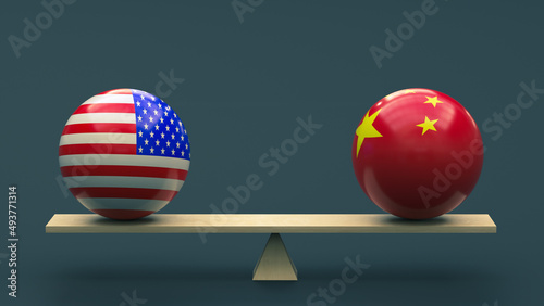 Принти на полотні Balls in the colors of the national flags of the United States and China stand in balance on a swing against a neutral background