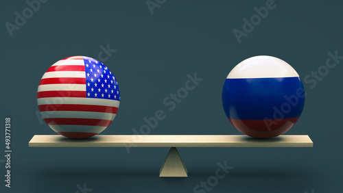 Balls in the colors of the national flags of the United States and Russia stand in balance on a swing against a neutral background. 3D rendering. Design blank. Layout. Policy concept