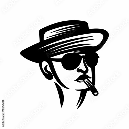 Smoking Cigar Black and White Vector Illustration