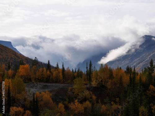 The clouds caught on the tops of the mountains. Low clouds in the mountains. Khibiny, Russia. © Andrey