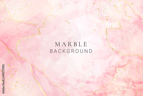 Rose pink liquid marbled watercolor background with golden dots. Dusty blush marble alcohol ink drawing effect. Vector illustration design template for wedding invitation, menu, rsvp