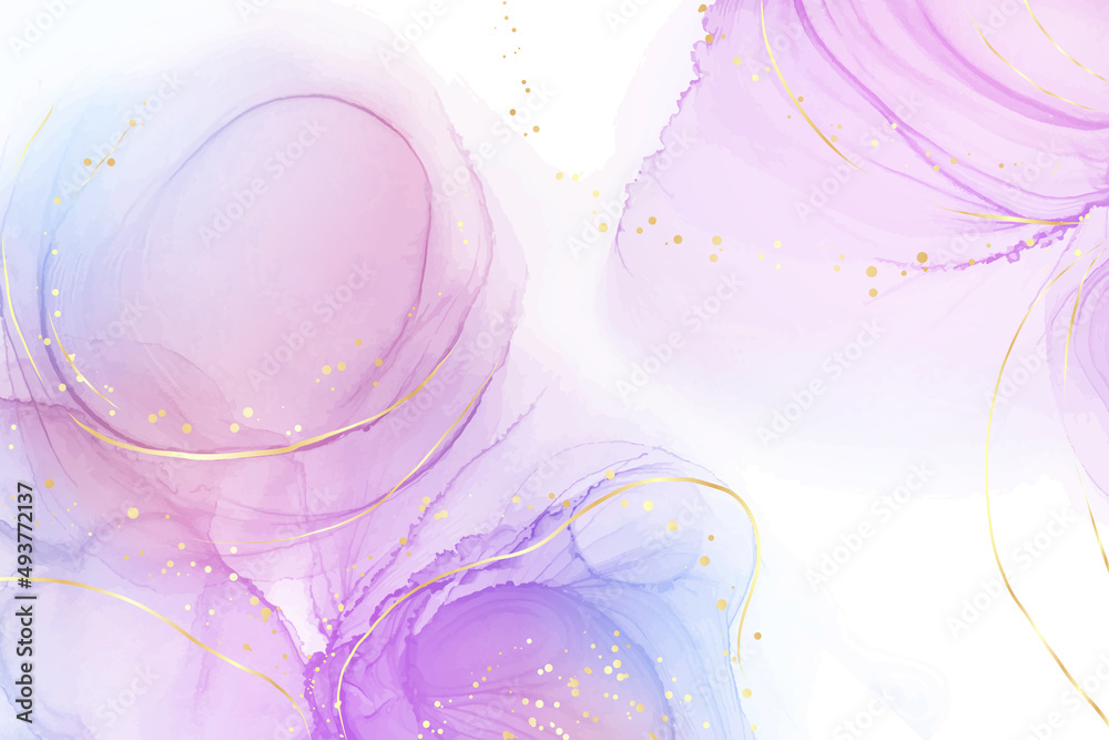 Violet lavender liquid watercolor marble background with golden lines. Pastel purple periwinkle alcohol ink drawing effect. Vector illustration design template for wedding invitation, menu, rsvp