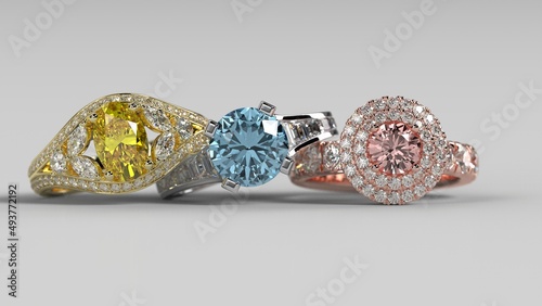 solitaire halo and three stone engagement ring in 3 metal colors with beautiful background 3d render