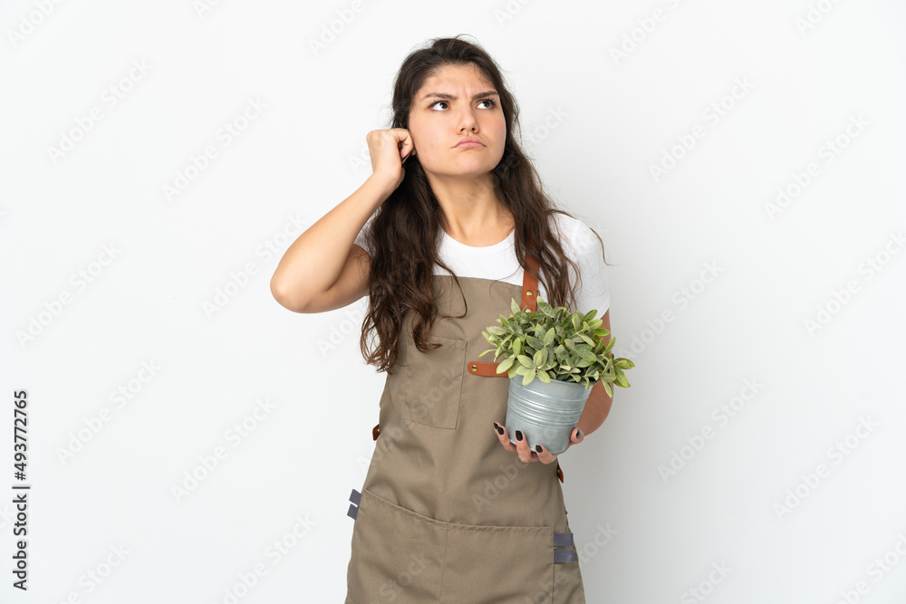 Young Russian gardener girl holding a plant isolated frustrated and covering ears Young Russian gardener girl holding a plant isolated frustrated and covering ears