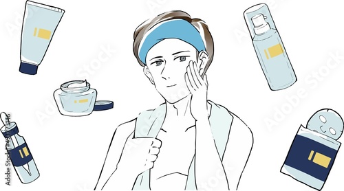 風呂上りに肌を気にする男性 スキンケアアイテムセット