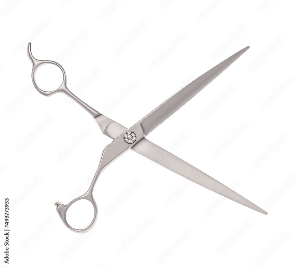 Scissors for cutting people and pets. Grooming scissors. Opened scissors on a white isolated background. Side view. Scissors for cutting people and pets. Grooming scissors. Opened scissors on a white isolated background. Side view.
