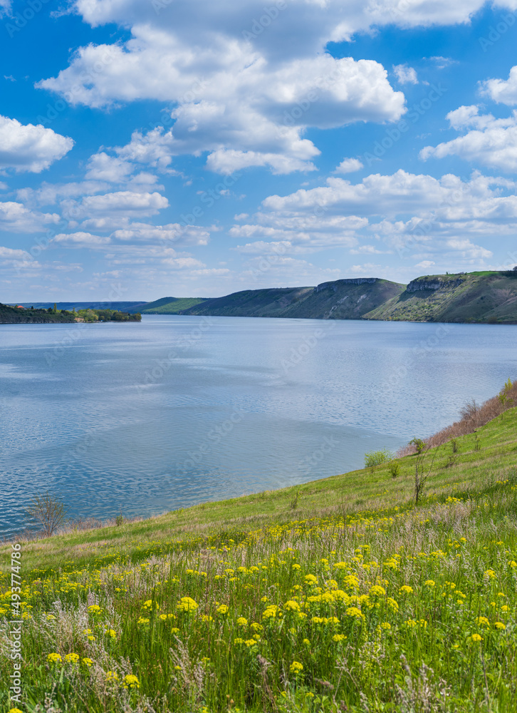 Ukraine without russian aggression. Amazing spring view on the Dnister River Canyon, Bakota Bay, Chernivtsi region, Ukraine.