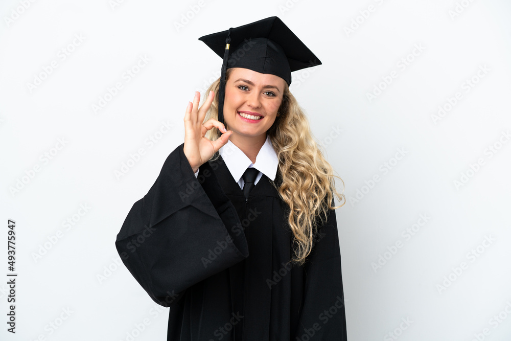 Young university graduate woman isolated on white background showing ok sign with fingers
