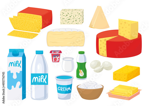 Set of basic dairy food isolated on white. Everyday healthy food, dairy products. Symbol, icon, object, design element