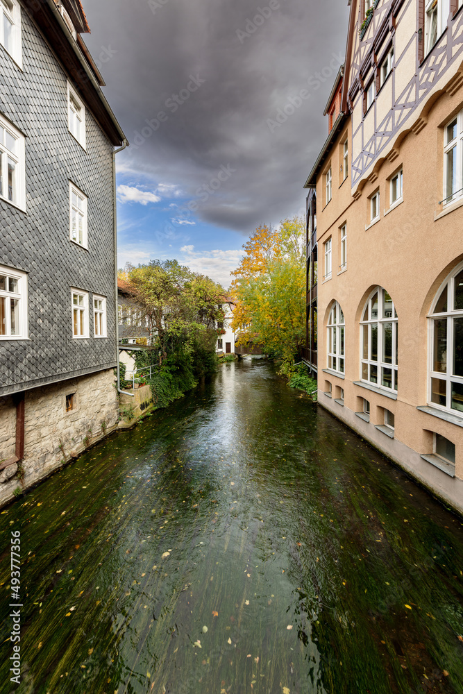 The river Gera in the old town in Erfurt, Thuringia, Germany.