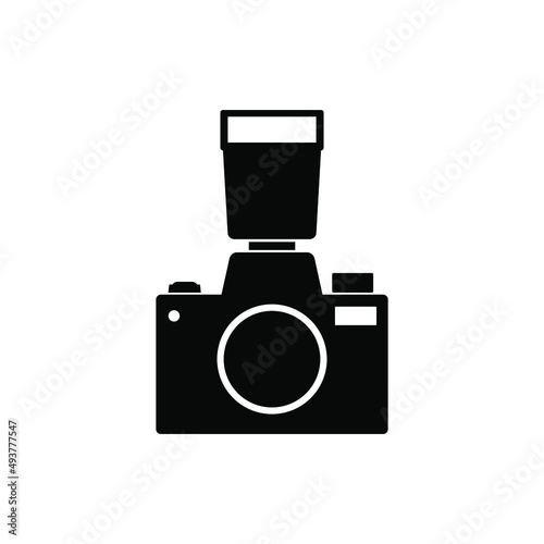Camera with external flash icon flat design vector black color isolated.