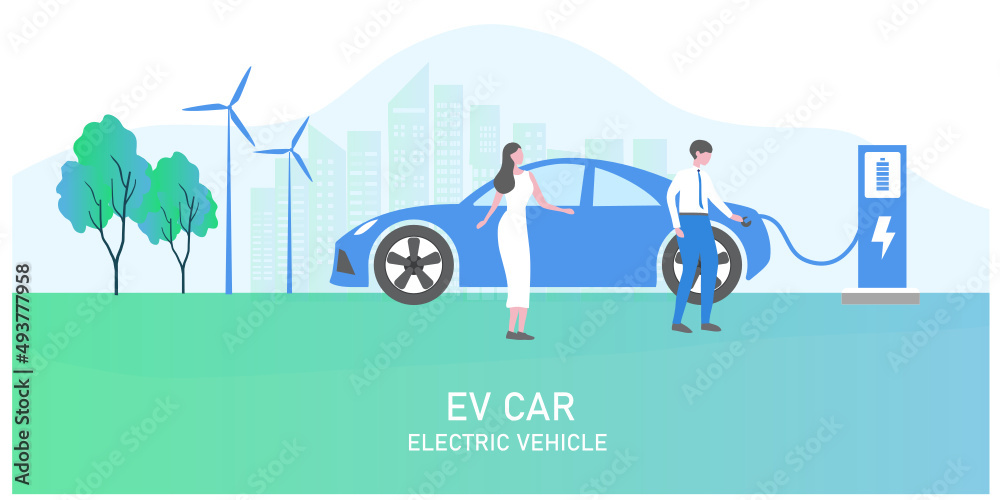 Fototapeta premium Electric car, EV car, charging battery at electric charging station. Sustainable green energy for ecology environment. Futuristic transportation technology.
