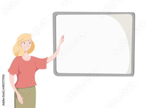 Woman (blonde) near the empty board -  flat illustration. The concepts of learning, education, business and so on.
