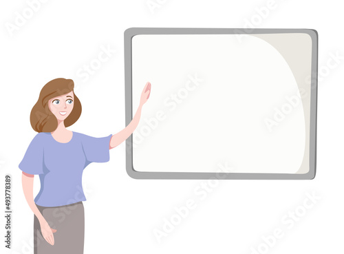 Woman (brown - haired) near the empty board -  flat illustration. The concepts of learning, education, business and so on.