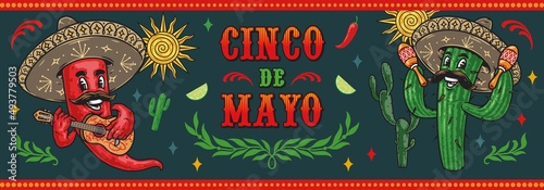Cinco de Mayo banner with cactus and chili pepper