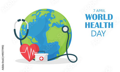 World Health Day. stethoscope with globe and heart measurement. Healthcare and Medical on 7th April. vector illustration modern design. copy space for text. Save the earth. isolated white background.