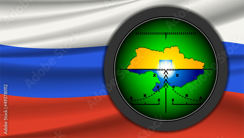 Night vision optical sight, in the crosshairs a map of Ukraine against the background of the wavy flag of the Russian Federation. Military vector banner