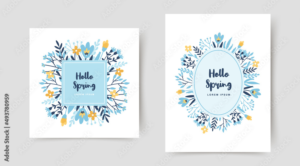 Spring card templates with cute hand drawn flowers. Editable vector illustration for greeting card, invitation, banner, website, social media post and stories