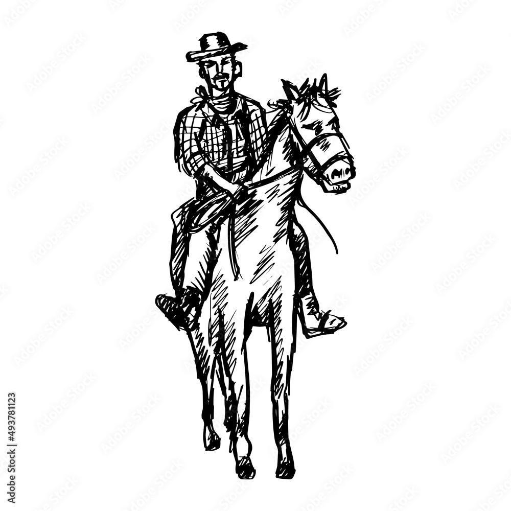 Fototapeta premium Drawing of cowboy riding horse