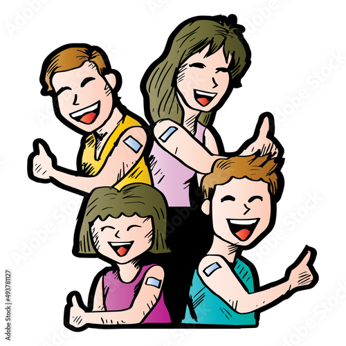 Cartoon family vaccinated from corona 