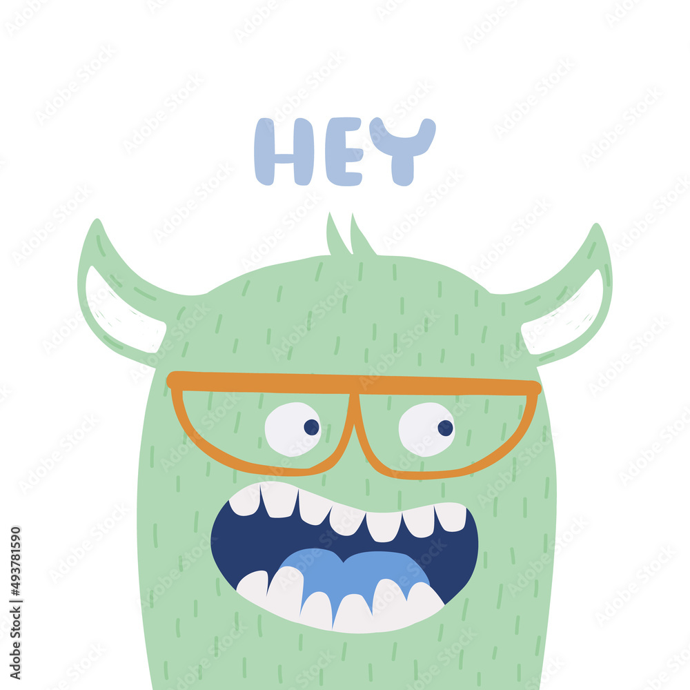Funny green monster with glasses. Kids graphic. Vector hand drawn illustration. Funny green monster with glasses. Kids graphic. Vector hand drawn illustration.
