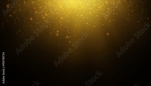 Vector transparent falling sunlight special lens, flare light effect. Vector blur in a glow of light with many twinkling golden fireflies.