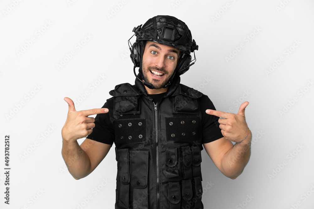 Young caucasian swat isolated on white background proud and self-satisfied Young caucasian swat isolated on white background proud and self-satisfied