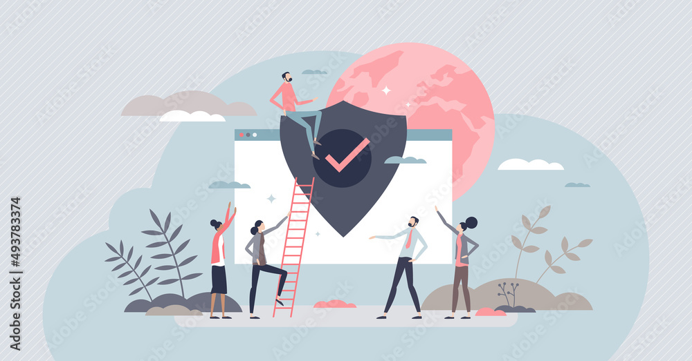 Internet security and privacy data antivirus protection tiny person concept. Safe network, secured web page and safety shield as protected database symbol vector illustration. Database content guard.