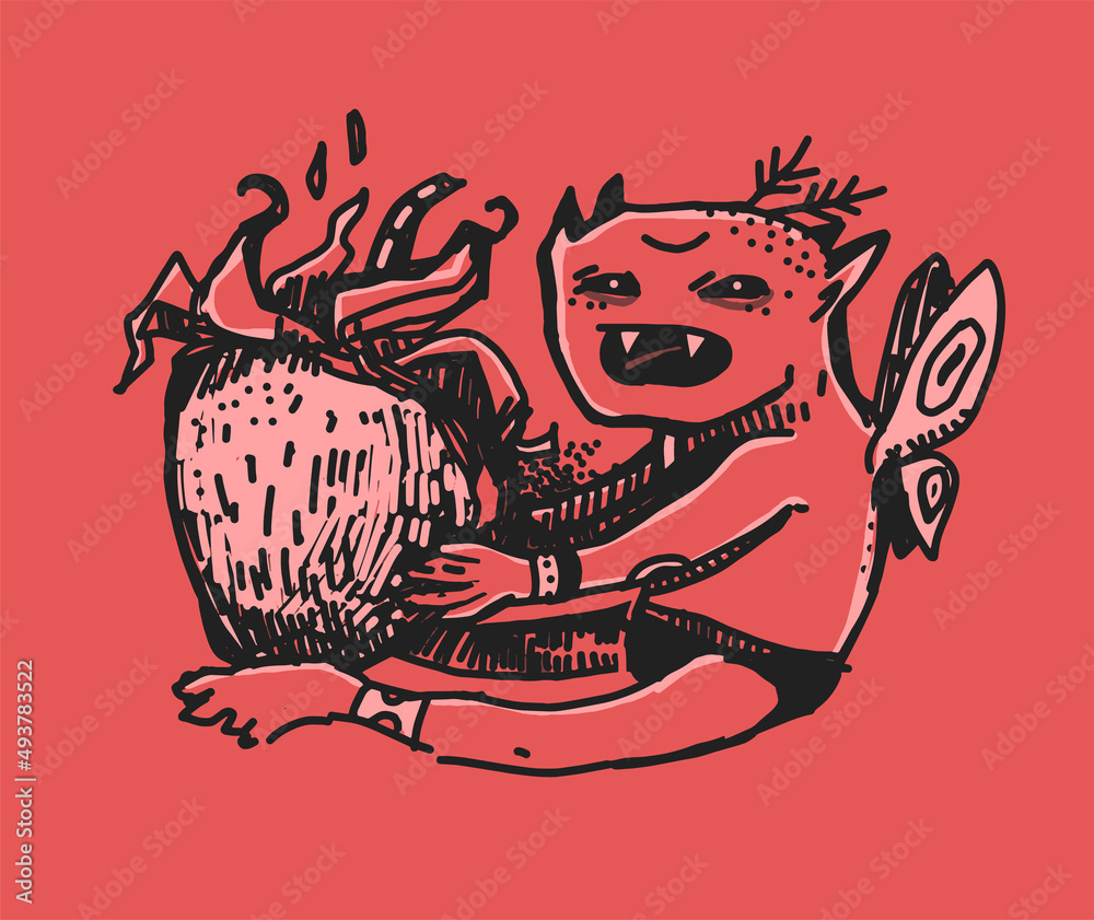 Fototapeta premium Hand drawn monster troll with strawberry. Funny character illustration design.
