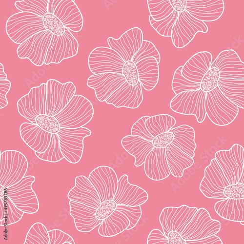 Seamless vintage pattern. white outline of flowers . pink background. vector texture. fashionable print for textiles, wallpaper and packaging.