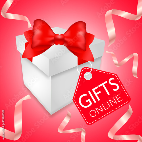 white gift box with red ribbon and gifts online tag 