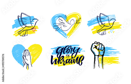 Glory of Ukraine! I Support Ukraine, Ukrainian flag with a Pray for Ukraine concept icon set. Save from Russia stickers for media. Vector illustration