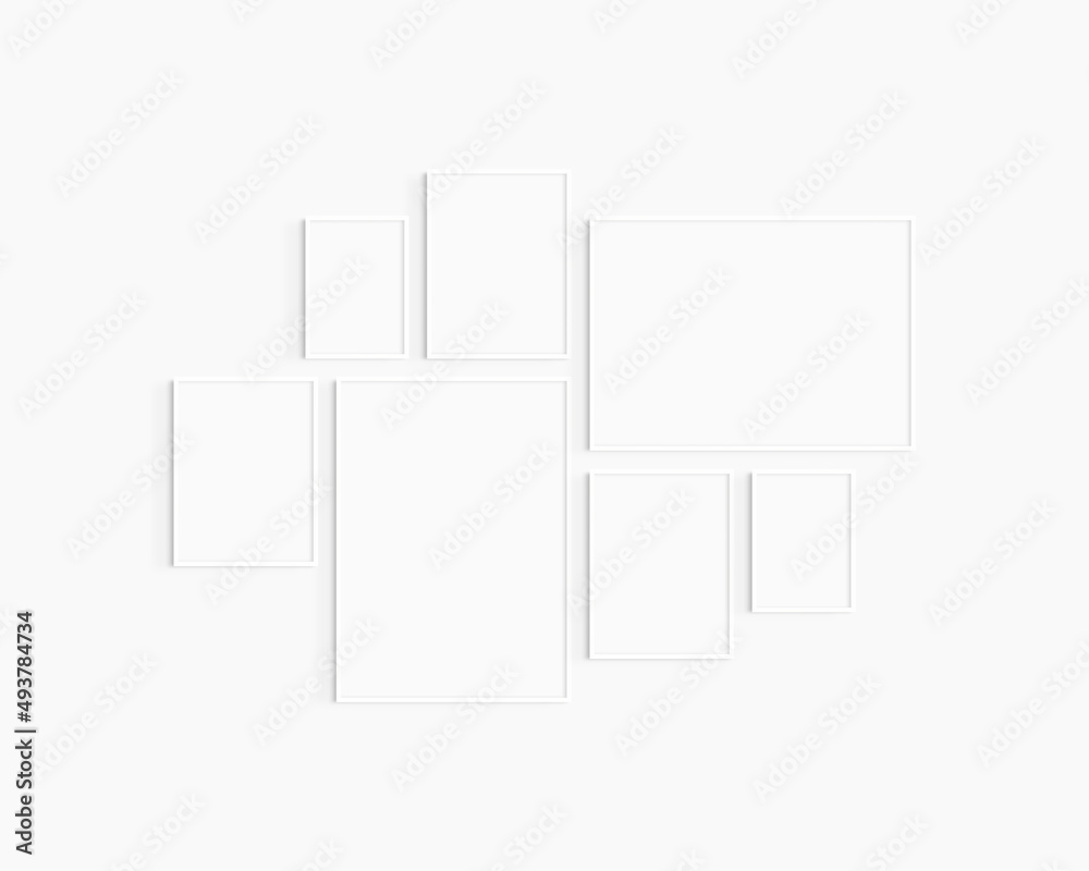 Gallery wall mockup. Set of 7 white frames. Gallery wall frame mockup. One 50x70 (5:7), one 70x50 (7:5), three 30x40 (3:4), and two A4 (5:7) white frames.