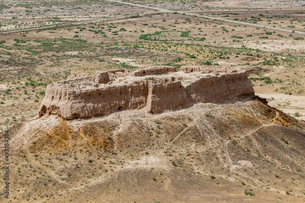 View at the Ayaz Kala desert castle in the Kyzylkum Desert in Northern Uzbekistan, Central Asia