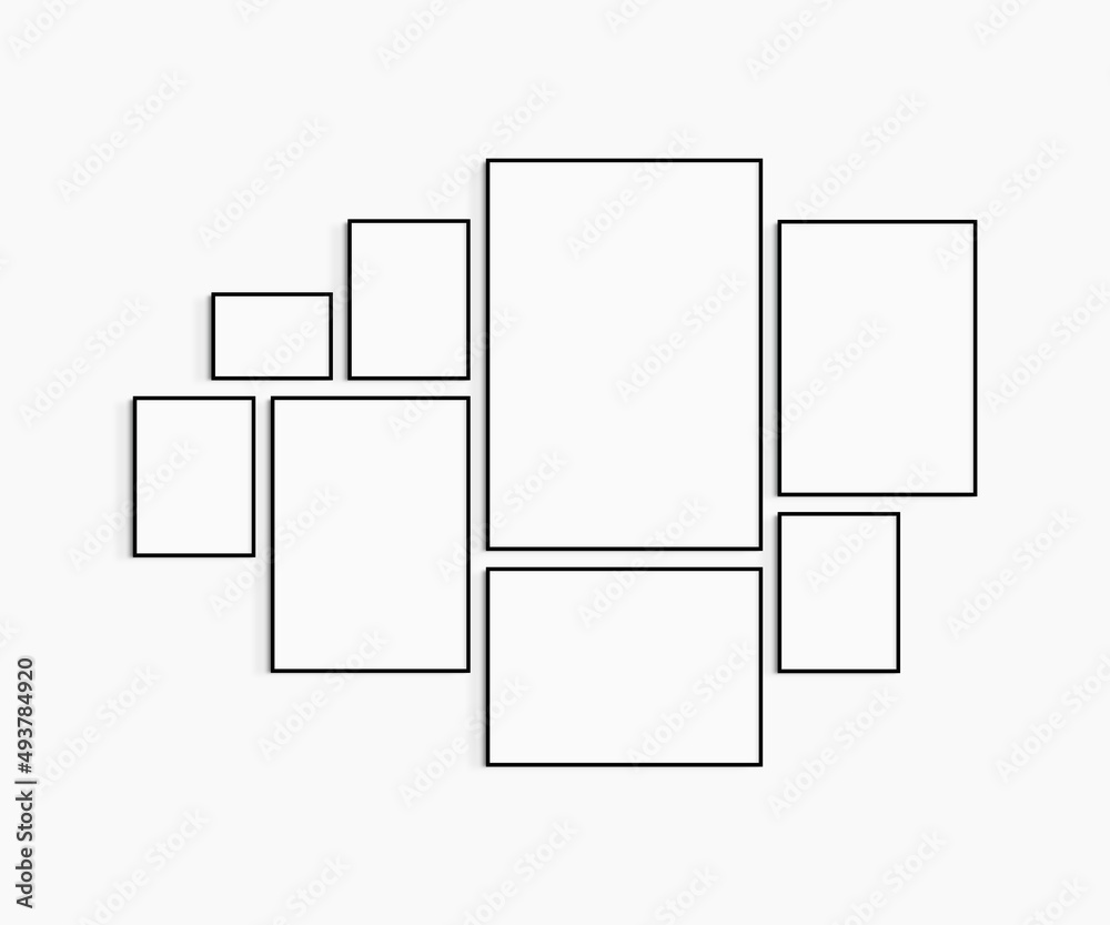 Gallery wall mockup. Set of 8 black frames. Gallery wall frame mockup. Black frames: one 70x100 (7:10), two 50x70 (5:7), one 70x50 (7:5), three 30x40 (3:4), one A4 landscape (7:5). Gallery wall mockup. Set of 8 black frames. Gallery wall frame mockup. Black frames: one 70x100 (7:10), two 50x70 (5:7), one 70x50 (7:5), three 30x40 (3:4), one A4 landscape (7:5).