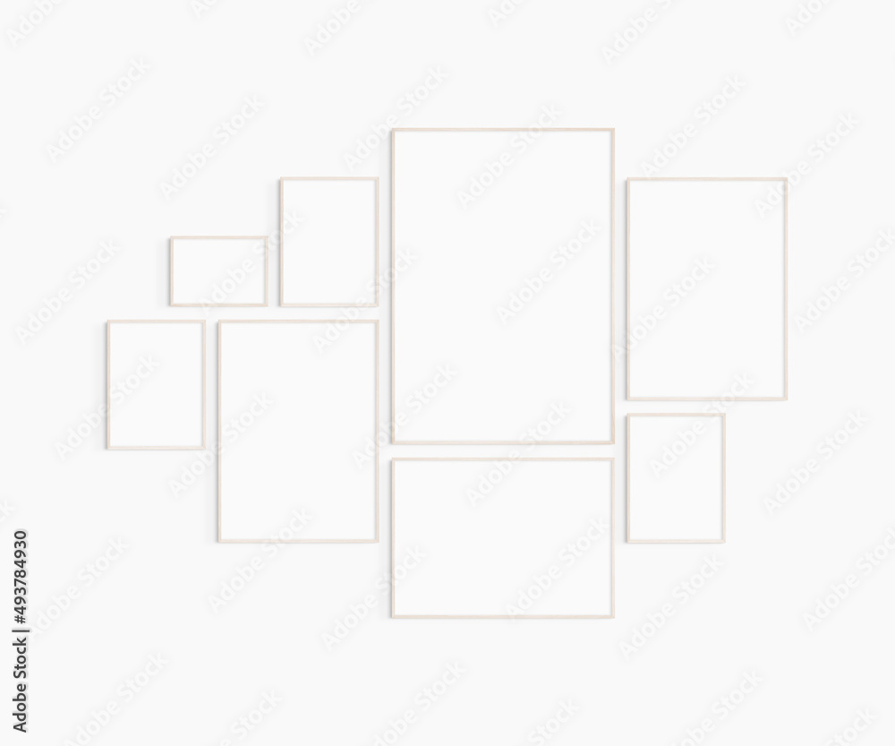 Gallery wall mockup. Set of 8 light wood frames. Gallery wall frame mockup. Wooden frames: one 70x100 (7:10), two 50x70 (5:7), one 70x50 (7:5), three 30x40 (3:4), one A4 landscape (7:5). Gallery wall mockup. Set of 8 light wood frames. Gallery wall frame mockup. Wooden frames: one 70x100 (7:10), two 50x70 (5:7), one 70x50 (7:5), three 30x40 (3:4), one A4 landscape (7:5).