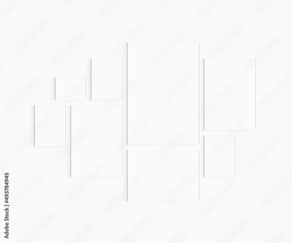 Gallery wall mockup. Set of 8 white frames. Gallery wall frame mockup. White frames: one 70x100 (7:10), two 50x70 (5:7), one 70x50 (7:5), three 30x40 (3:4), one A4 landscape (7:5). Gallery wall mockup. Set of 8 white frames. Gallery wall frame mockup. White frames: one 70x100 (7:10), two 50x70 (5:7), one 70x50 (7:5), three 30x40 (3:4), one A4 landscape (7:5).
