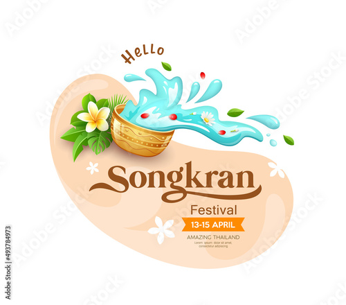 Songkran Festival Thailand, golden water bowl thailand flower on water splashing bancground, EPS 10 vector illustration
