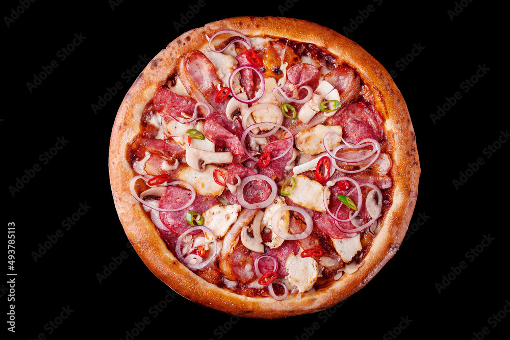 pizza with chicken ham mushrooms and chili pepper top view on black background